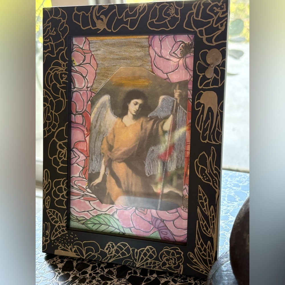 Archangel Raphael with Floral hand painted Frame